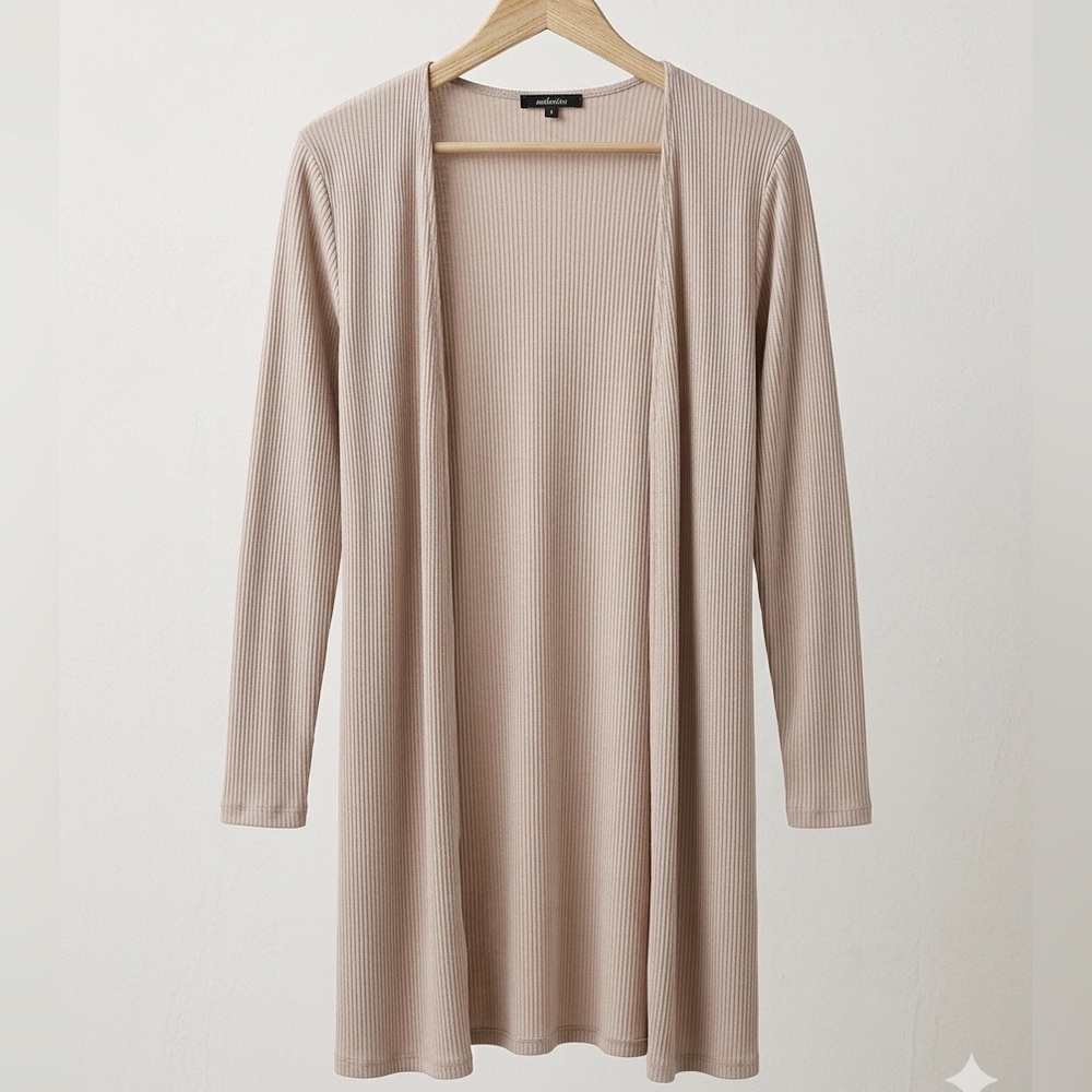 AMBIANCE Soft Mauve Ribbed Duster Cardigan Lightweight Open Front Layering